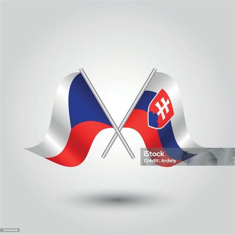 Vector Waving Simple Triangle Two Crossed Czech And Slovak Flags Pole Stock Illustration