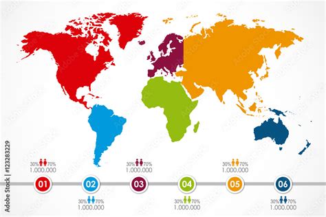 World map infographic with 6 continent in colors and timeline ...