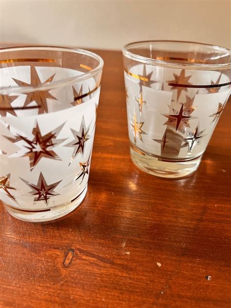 Set Of 2 Mid Century Atomic Starburst Glasses Gold And Frosted Etsy