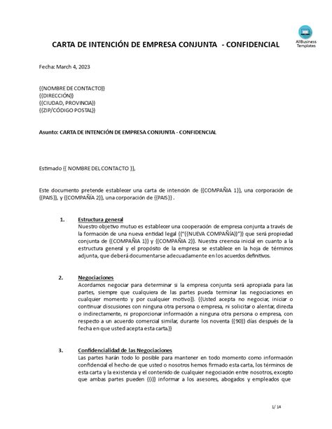 Plantilla de Carta de Intención de Empresa Conjunta Templates at