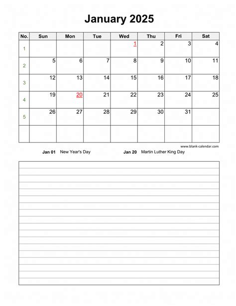 Download Blank Calendar 2025 With Space For Notes 12 Pages One Month