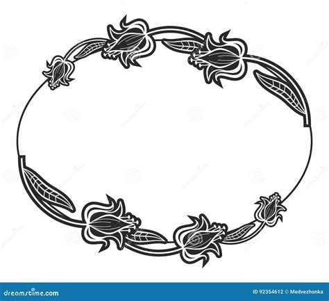 Black and White Oval Label with Flowers. Stock Illustration - Illustration of floral, frame ...