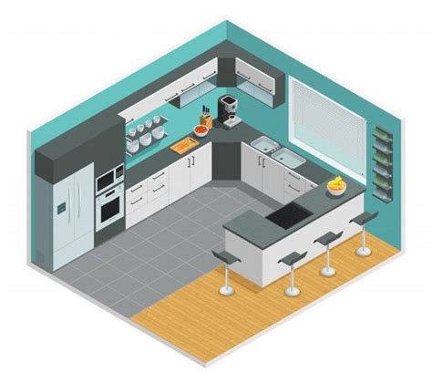 Diseño isométrico en color del interior de la cocina con mesa y silla