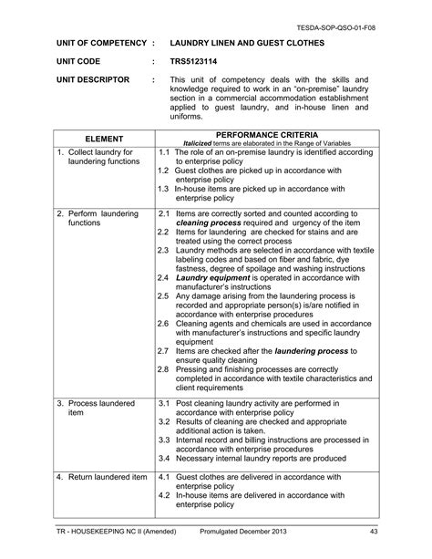 training regulation housekeeping nc ii tesda