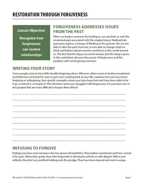 Restoration Through Forgiveness Cod Worksheet Journey To Recovery