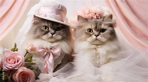 Cute couple cat wearing wedding dress in wedding party. Created with ...