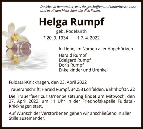 Traueranzeigen Von Helga Rumpf Trauer HNA De