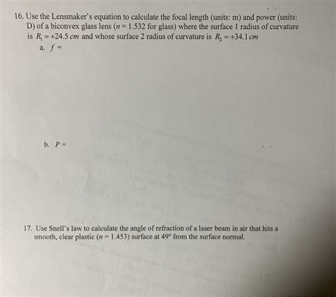 Solved 16. Use the Lensmaker's equation to calculate the | Chegg.com