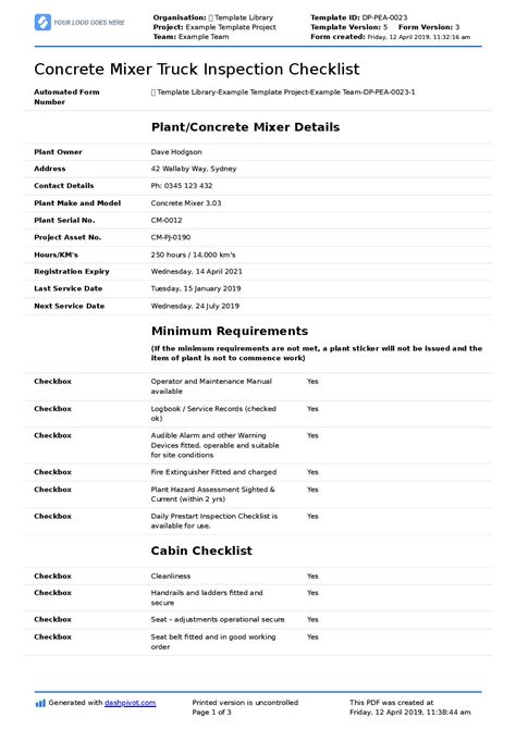 Concrete Mixer Truck Inspection Checklist Free And Editable