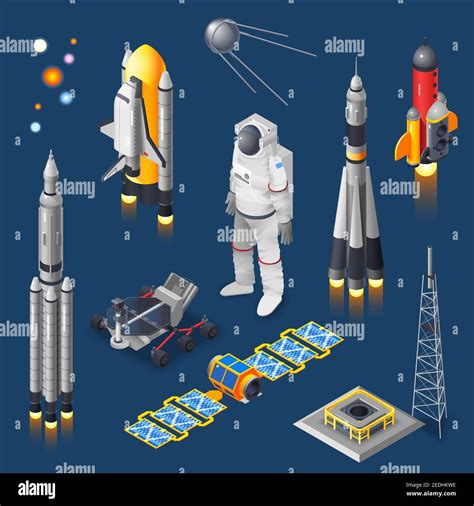 Space Isometric Set With Rocket And Satellite On Blue Background