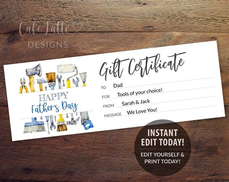 Fathers Day Tools Gift Certificate Editable Template Printable Fathers