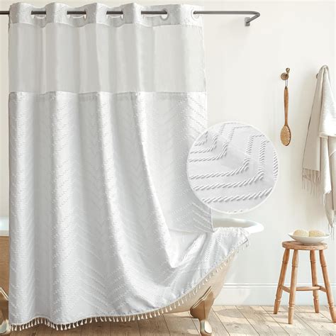 Amazon No Hook Fabric Shower Curtain White Boho Tufted Chevron