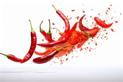 Falling Sliced Red Hot Chili Peppers Isolated On White Background Selective Focus Premium AI