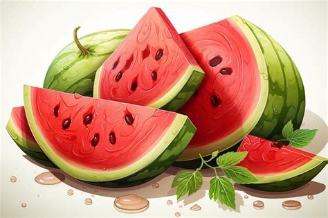 Premium Vector Watermelon And Juicy Slices Green Leaves And Yellow