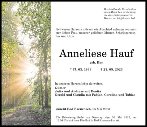 Traueranzeigen Von Anneliese Hauf Rz Trauer De