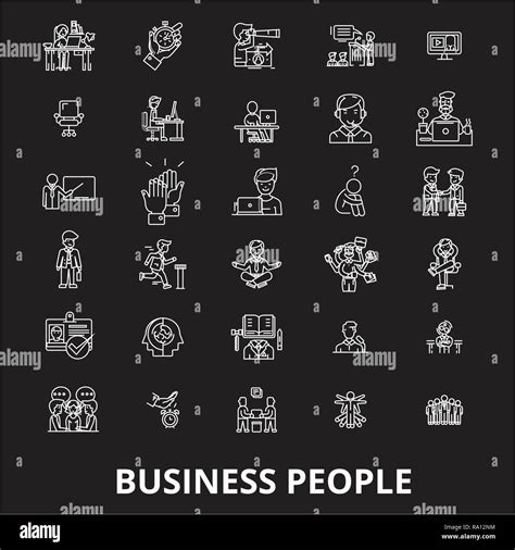 Business People Editable Line Icons Vector Set On Black Background