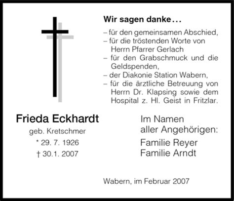 Traueranzeigen Von Frieda Eckhardt Trauer Hna De