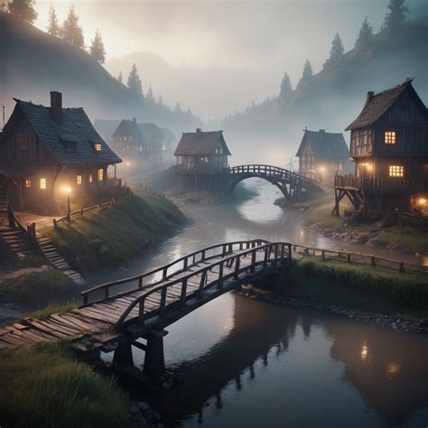 Small Settlement Foggy Bridge And River Dramatic