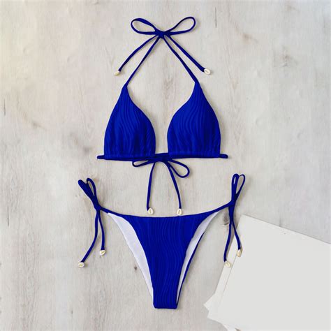 Blue Womens Swimsuits Women S Split Bikini Sexy Solid Color European And American Fashion