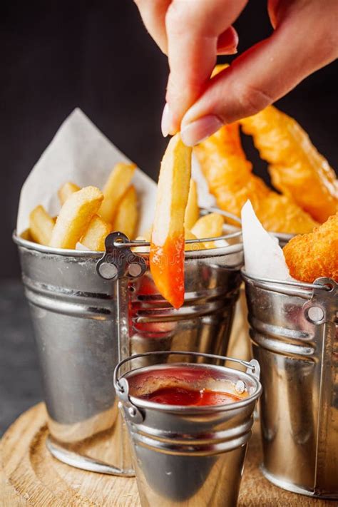 Delicious Hot Snacks Of Fries Shrimp And Nuggets Stock Photo Image Of