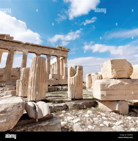 Ancient Stones Around Parthenon On The Acropolis Athens Greece Tilt