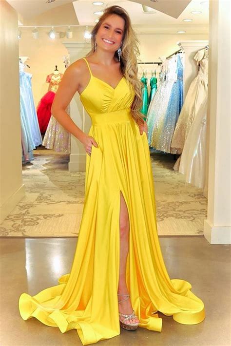 Simple V Neck Backless Yellow Satin Long Prom Dress Long Backless Yel