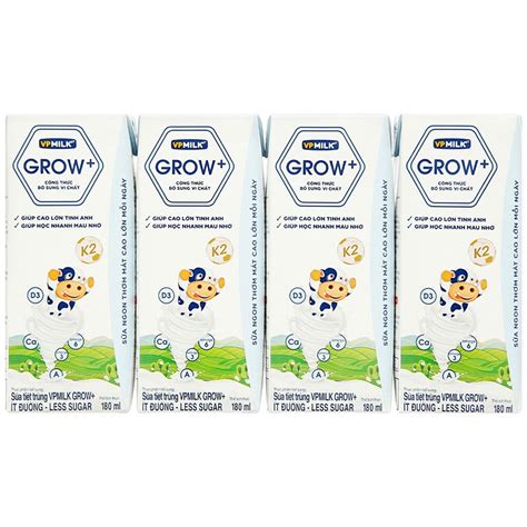 Sữa tiệt trùng VPMILK GROW+ít đường 180ml (vỉ 4 hộp) | Tổng Kho Tôm Fruits