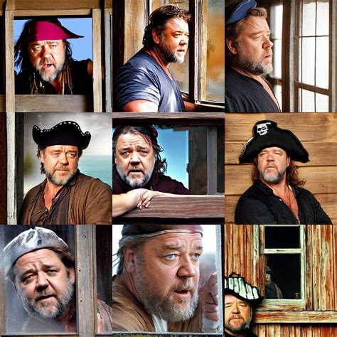 Russell Crowe Wearing A Too Large Silly Pirate Hat Stable Diffusion