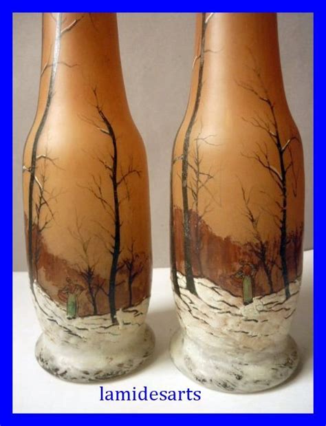 Legras Paire De Vases Emailles Paysage De Neige