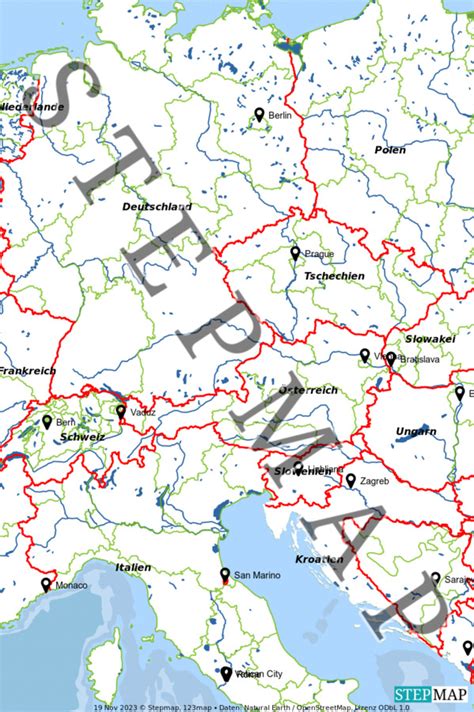 StepMap Nachbarländer mit Hauptstadt Landkarte für Österreich