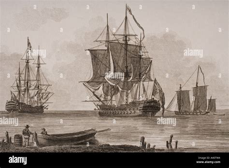 British Navy Vessels From The 18th And 19th Century From A Print Stock