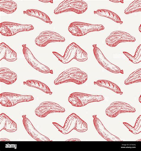 Meat Vector Seamless Background Pattern Hand Drawn Steak Sausages