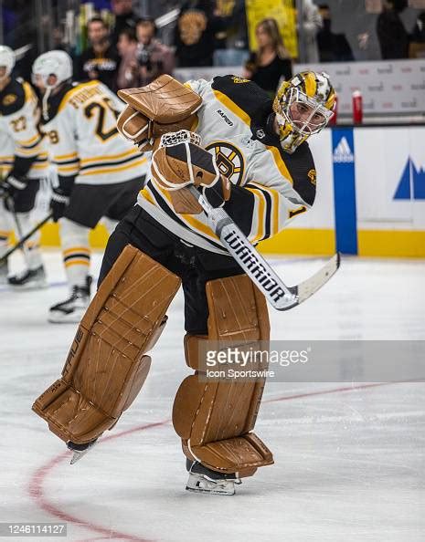 Boston Bruins Goalie Jeremy Swayman during warmups before a regular ...