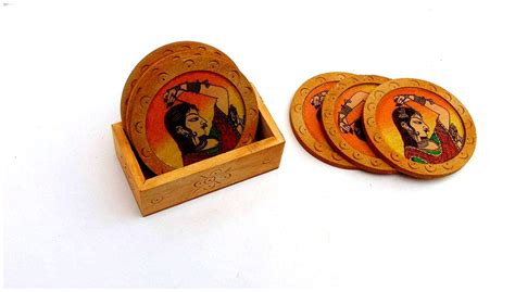 Buy Antique Design Gemstone Wood Tea Coaster Set Brown Online At Low