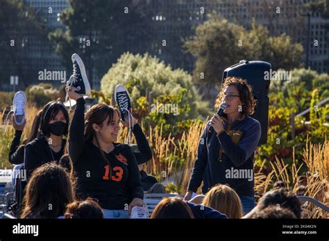 School assembly speaker with confidence in daylight outside Stock Photo ...