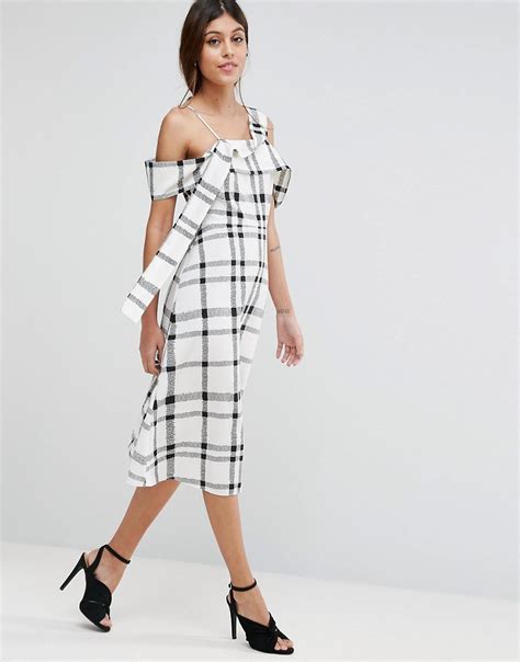 Asos One Shoulder Origami Midi Dress In Mono Check Shopperboard