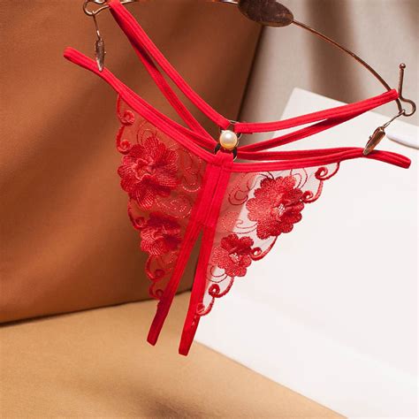 2PC Crotchless Panties For Women Low Waist Flower Embroidery Hollow Out