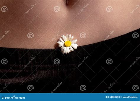 Female Beautiful Tummy With A Chamomile Flower In The Navel Perfect