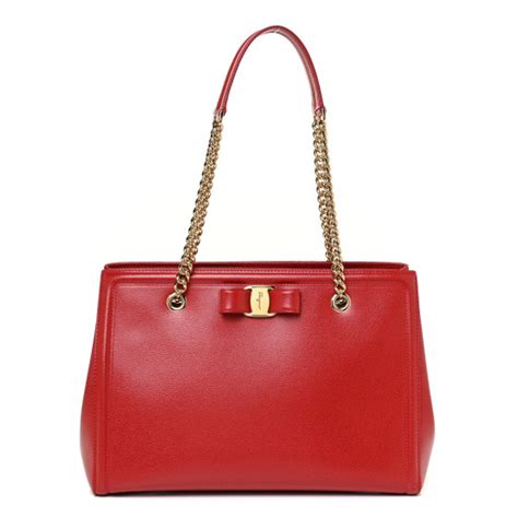 SALVATORE FERRAGAMO Hammered Calfskin Vara Bow Chain Tote Red 1061588