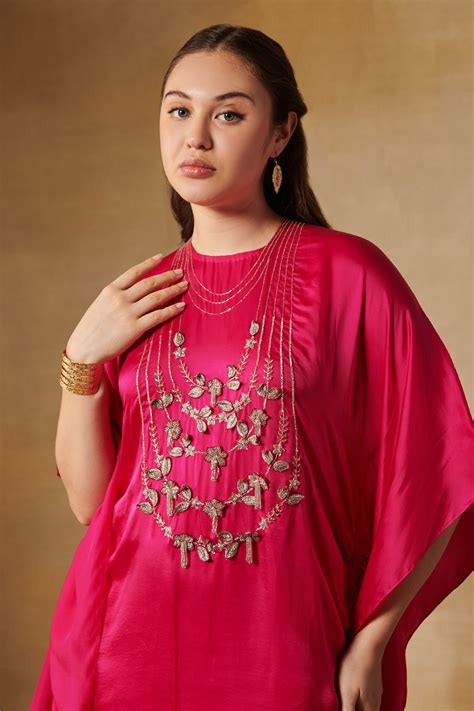 Buy Fuchsia Crepe Satin Embroidered Floral Motifs Yoke Top And Pant Set