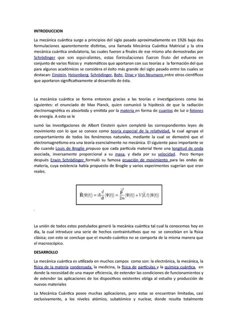 Ensayo Mecanica Cuantica INTRODUCCION La mecánica cuántica surge a