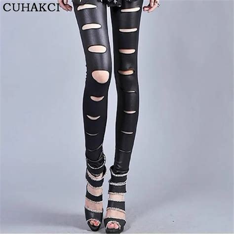 Leather Leggings Strech Black Holes Ripped Pu Leggings Punk Rock