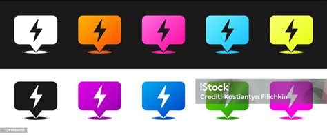 Set Lightning Bolt Icon Isolated On Black And White Background Flash Icon Charge Flash Icon