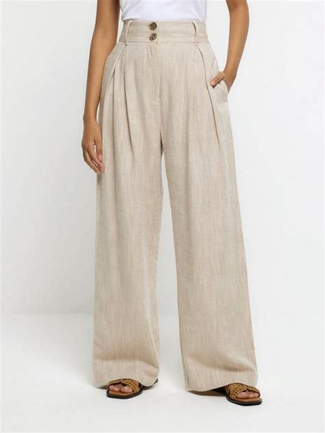 River Island Pleated Wide Leg Trouser Light Beige Uk