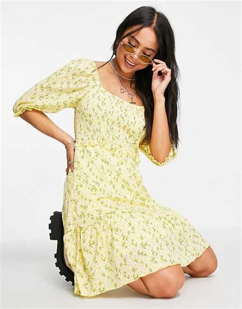 Only Mini Smock Dress With Puff Sleeve In Yellow Ditsy Floral Asos