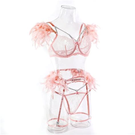 Pretty In Pink Exotic Feather Lingerie Lace Bra Thong Garter With Leg Straps Boudoir Bridal