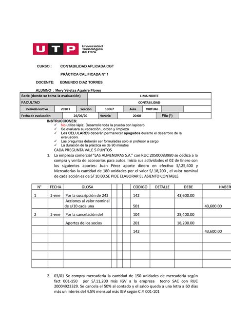 1 Practica Calificada CONT Aplicada Contabilidad General UTP Studocu