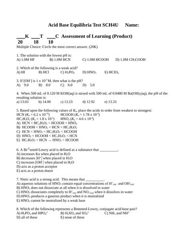 Test Acid Base Equilibria Test Ka Kb And Ksp Grade 12 Chemistry Test