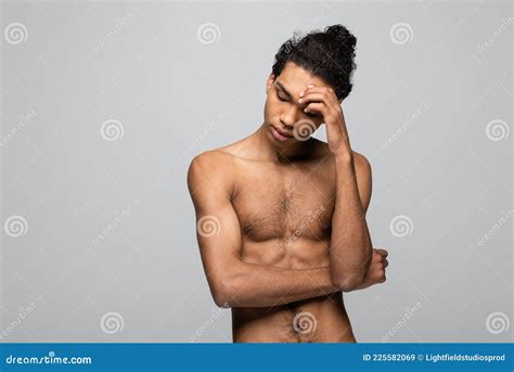 Shirtless African American Man Touching Forehead Stock Image Image Of