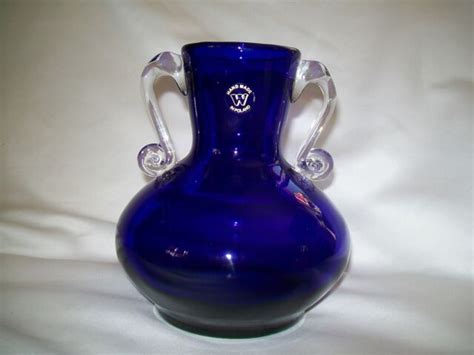 Cobalt Blue Art Glass Vase W Hand Made In Poland Applied Clear Handles